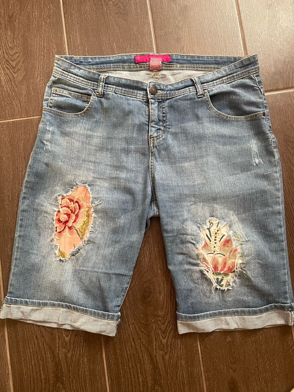 Denim Floral Patch Bermuda Shorts - Light Blue
